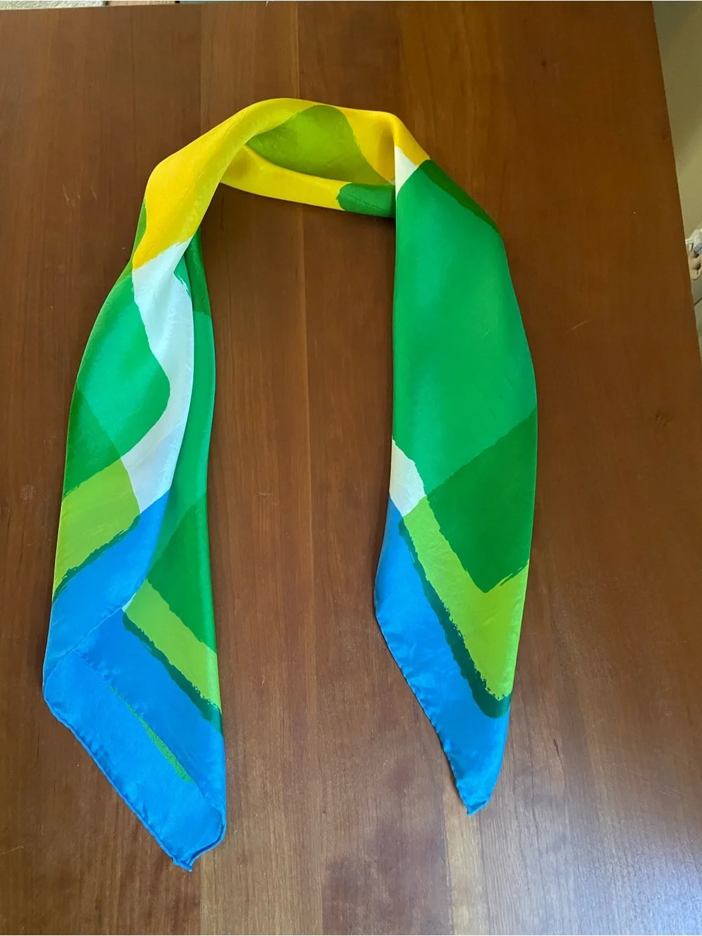 Vintage Silk Rayon Scarf 26” Square Abstract Geometric Green Blue Yellow